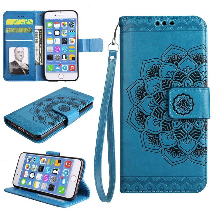 For iPhone 8 / 7 4.7 inch Imprint Henna Lotus Wallet Stand Leather Flip Case with Strap - Blue-1