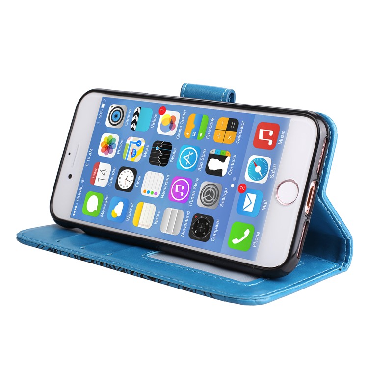 For iPhone 8 / 7 4.7 inch Imprint Henna Lotus Wallet Stand Leather Flip Case with Strap - Blue-3