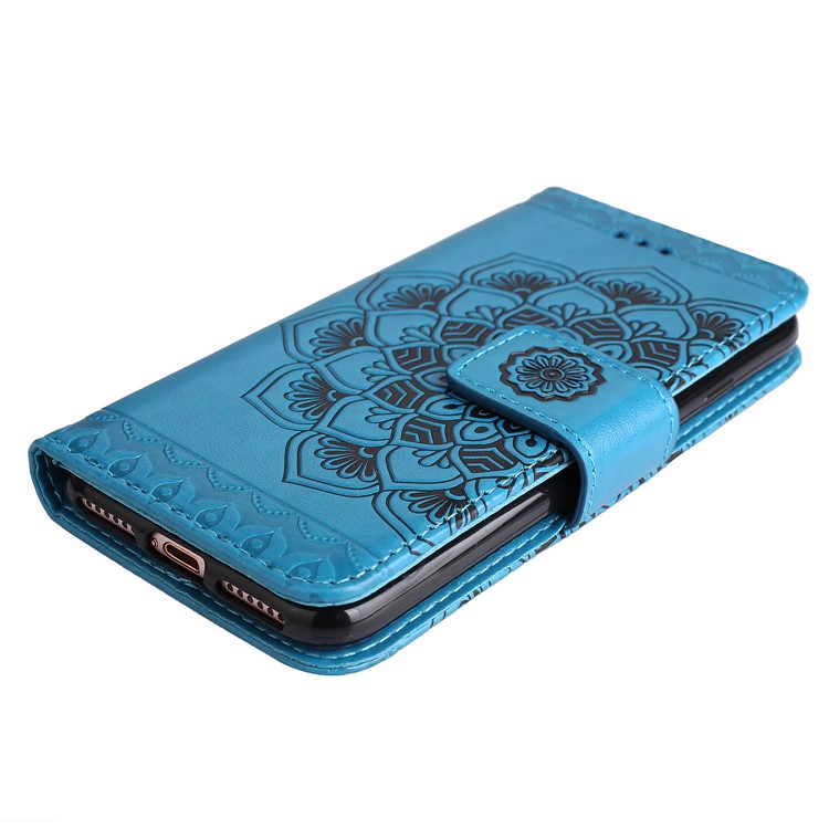 For iPhone 8 / 7 4.7 inch Imprint Henna Lotus Wallet Stand Leather Flip Case with Strap - Blue-4