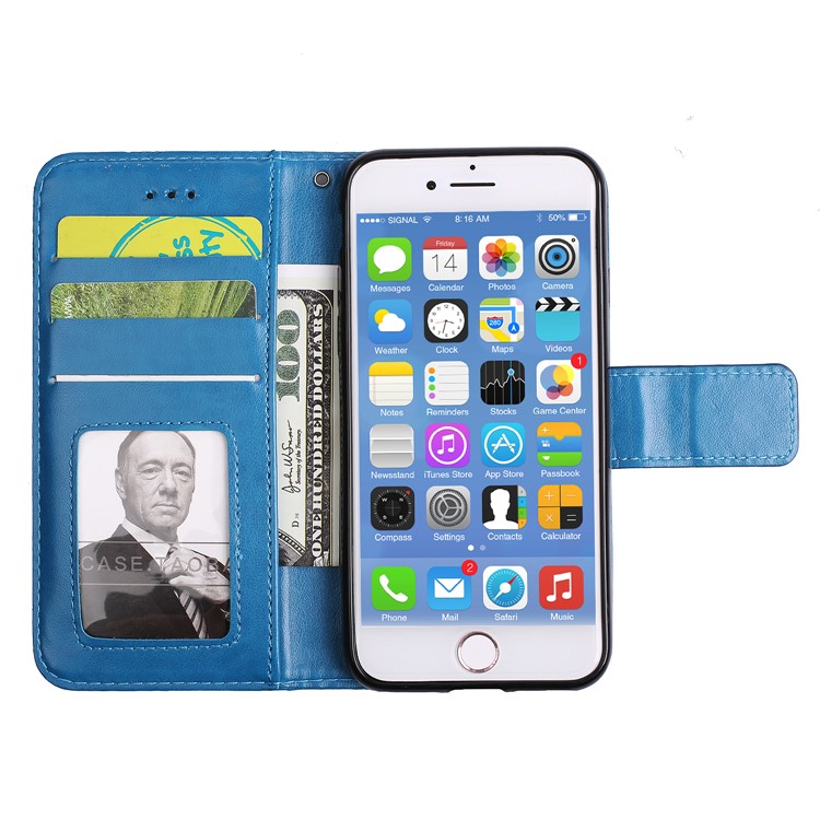 For iPhone 8 / 7 4.7 inch Imprint Henna Lotus Wallet Stand Leather Flip Case with Strap - Blue-5