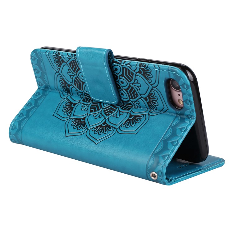 For iPhone 8 / 7 4.7 inch Imprint Henna Lotus Wallet Stand Leather Flip Case with Strap - Blue-6