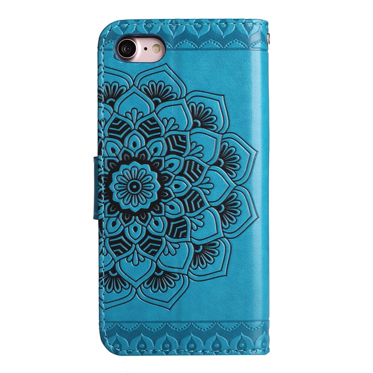 For iPhone 8 / 7 4.7 inch Imprint Henna Lotus Wallet Stand Leather Flip Case with Strap - Blue-7