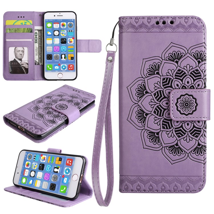 Imprint Henna Lotus Wallet Stand Leather Case Shell with Strap for iPhone 8 / 7 4.7 inch - Purple-1