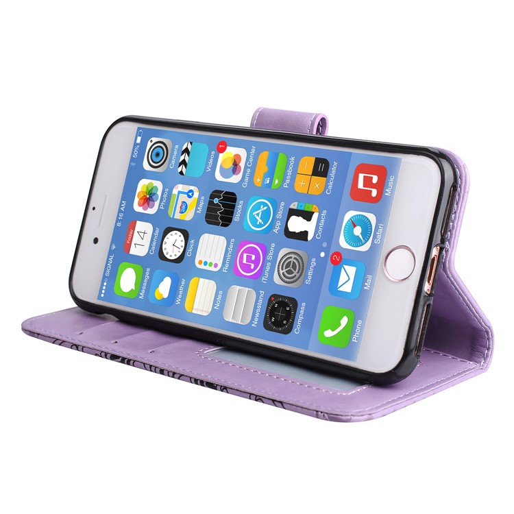 Imprint Henna Lotus Wallet Stand Leather Case Shell with Strap for iPhone 8 / 7 4.7 inch - Purple-3