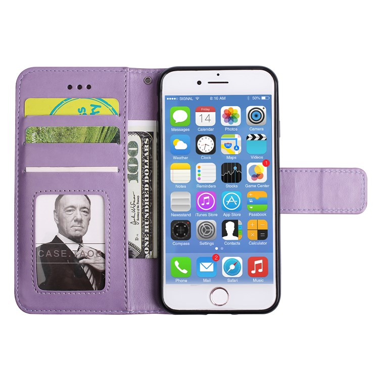 Imprint Henna Lotus Wallet Stand Leather Case Shell with Strap for iPhone 8 / 7 4.7 inch - Purple-5