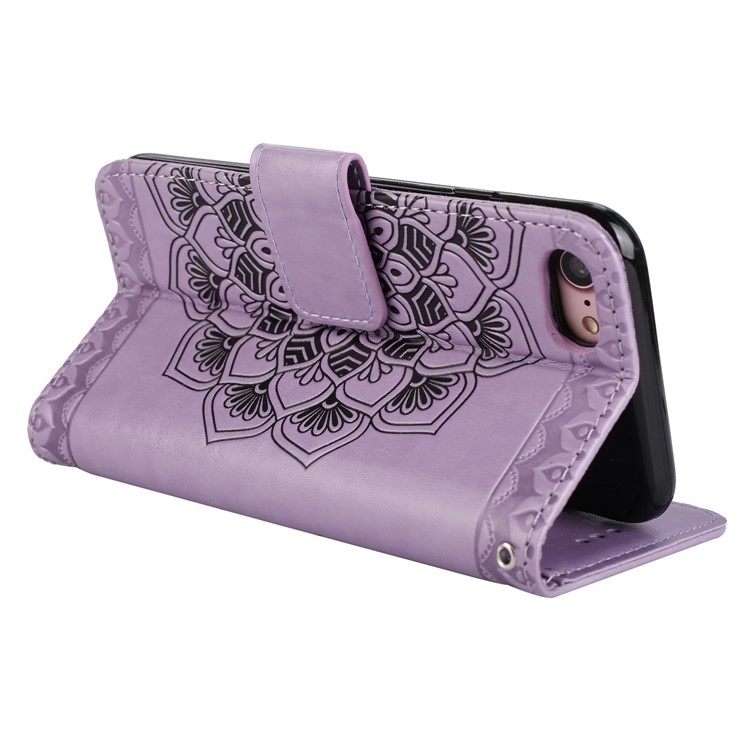 Imprint Henna Lotus Wallet Stand Leather Case Shell with Strap for iPhone 8 / 7 4.7 inch - Purple-7