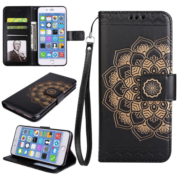 Imprint Henna Lotus Stand Leather Wallet Case for iPhone 7 Plus with Lanyard - Black-1