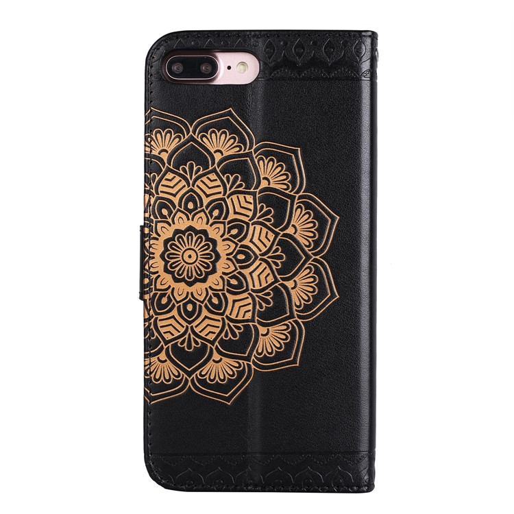Imprint Henna Lotus Stand Leather Wallet Case for iPhone 7 Plus with Lanyard - Black-3