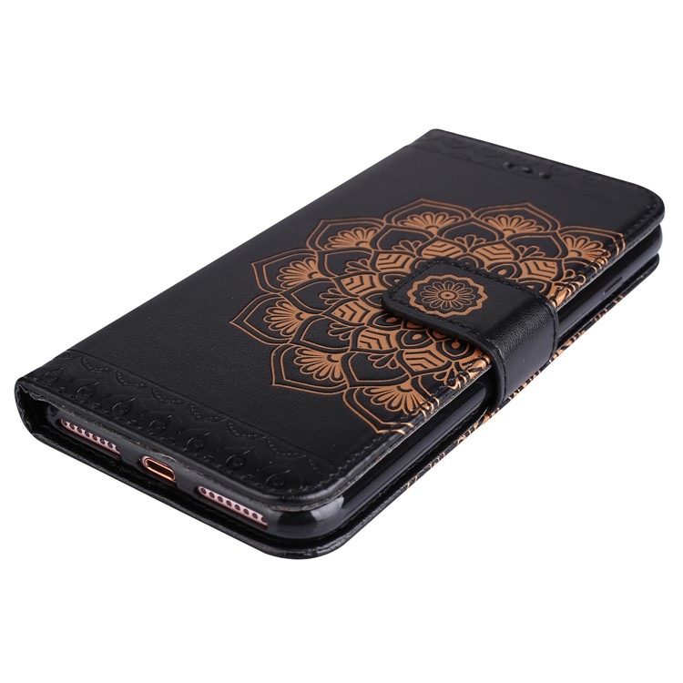 Imprint Henna Lotus Stand Leather Wallet Case for iPhone 7 Plus with Lanyard - Black-4