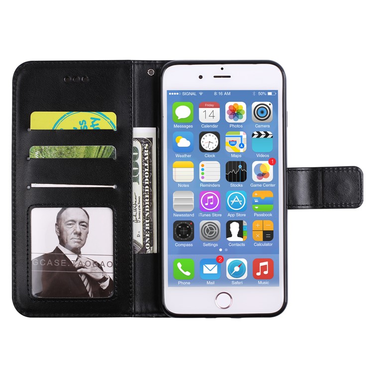 Imprint Henna Lotus Stand Leather Wallet Case for iPhone 7 Plus with Lanyard - Black-5