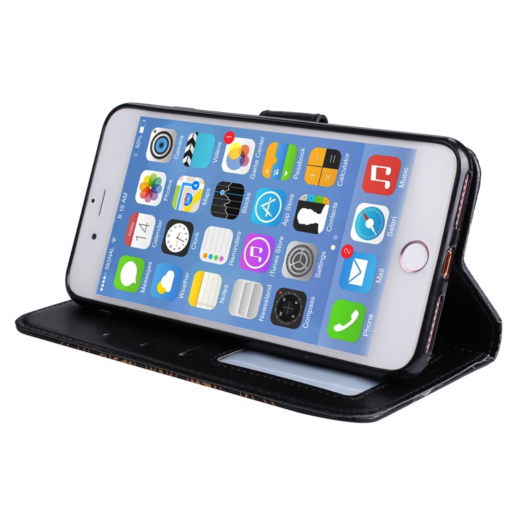 Imprint Henna Lotus Stand Leather Wallet Case for iPhone 7 Plus with Lanyard - Black-6