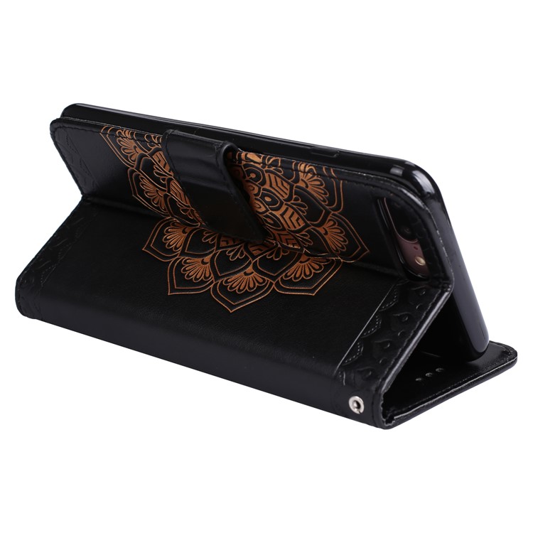 Imprint Henna Lotus Stand Leather Wallet Case for iPhone 7 Plus with Lanyard - Black-7