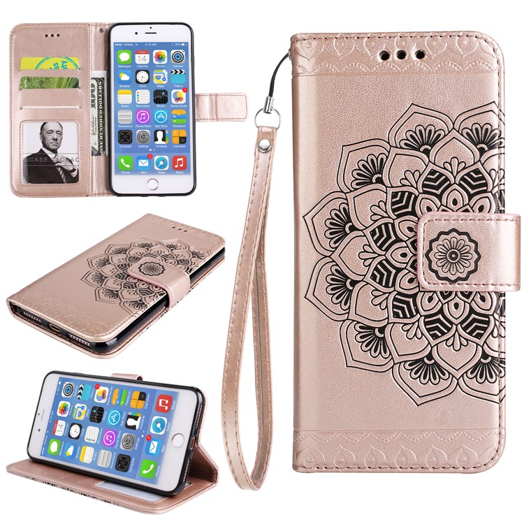 Mentions légales Henna Lotus Stand Flip Leather Phone Case pour iPhone 8 Plus / 7 Plus avec Lanyard - Or rose-1
