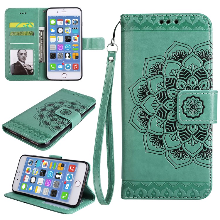 Imprint Henna Lotus Card Holder Leather Protective Case for iPhone 8 Plus / 7 Plus with Lanyard - Green-1