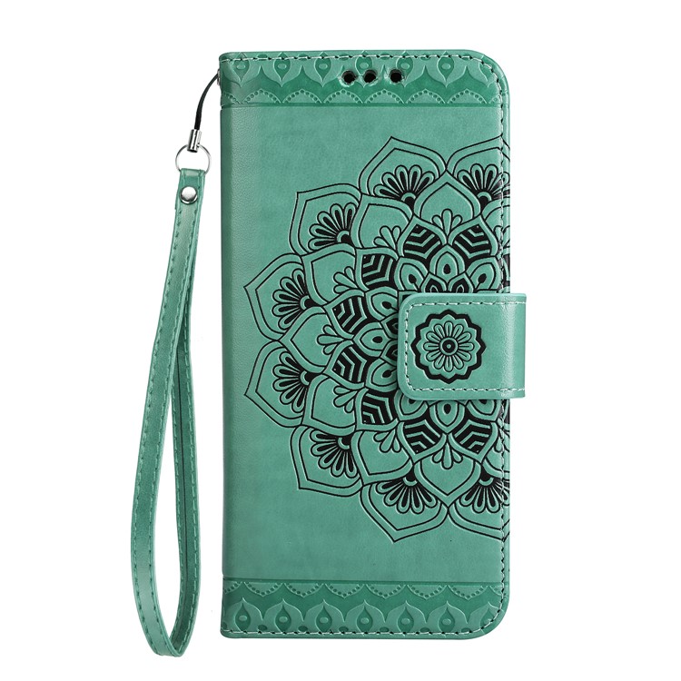 Imprint Henna Lotus Card Holder Leather Protective Case for iPhone 8 Plus / 7 Plus with Lanyard - Green-2