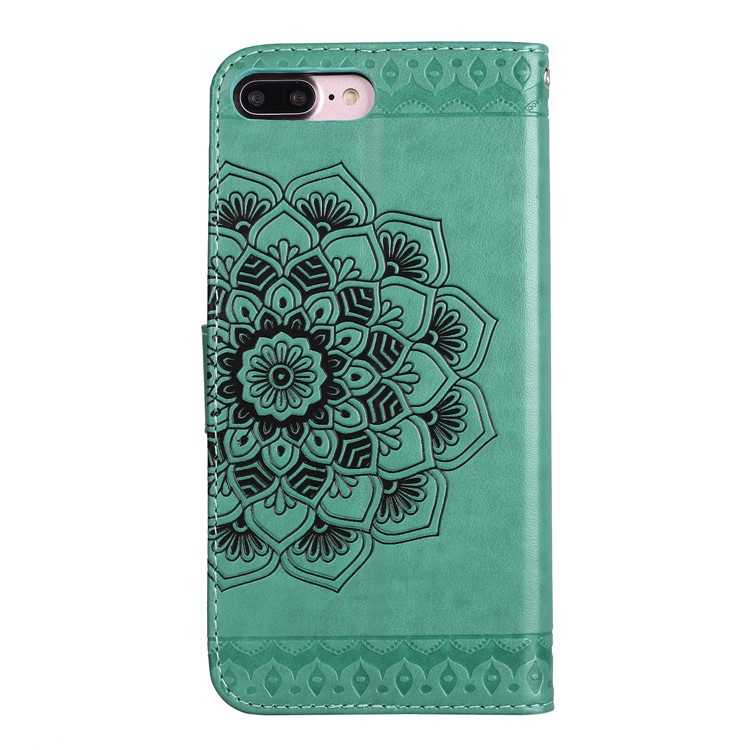 Imprint Henna Lotus Card Holder Leather Protective Case for iPhone 8 Plus / 7 Plus with Lanyard - Green-3