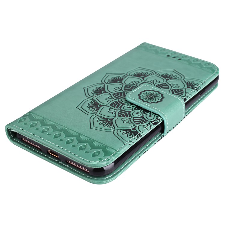 Imprint Henna Lotus Card Holder Leather Protective Case for iPhone 8 Plus / 7 Plus with Lanyard - Green-4