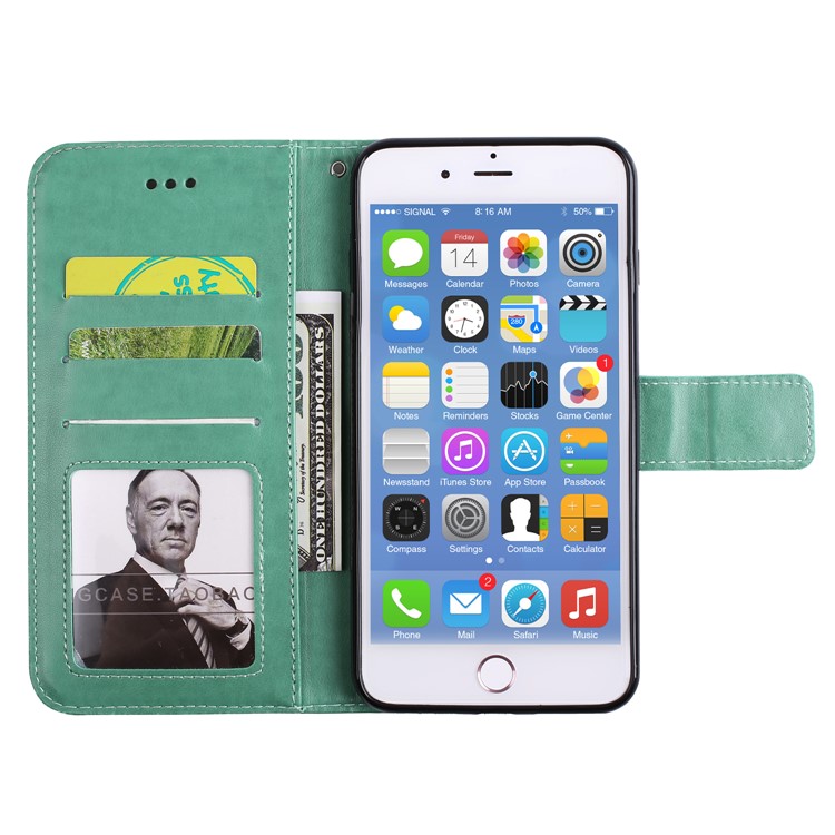 Imprint Henna Lotus Card Holder Leather Protective Case for iPhone 8 Plus / 7 Plus with Lanyard - Green-5
