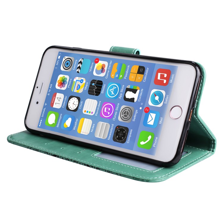 Imprint Henna Lotus Card Holder Leather Protective Case for iPhone 8 Plus / 7 Plus with Lanyard - Green-6