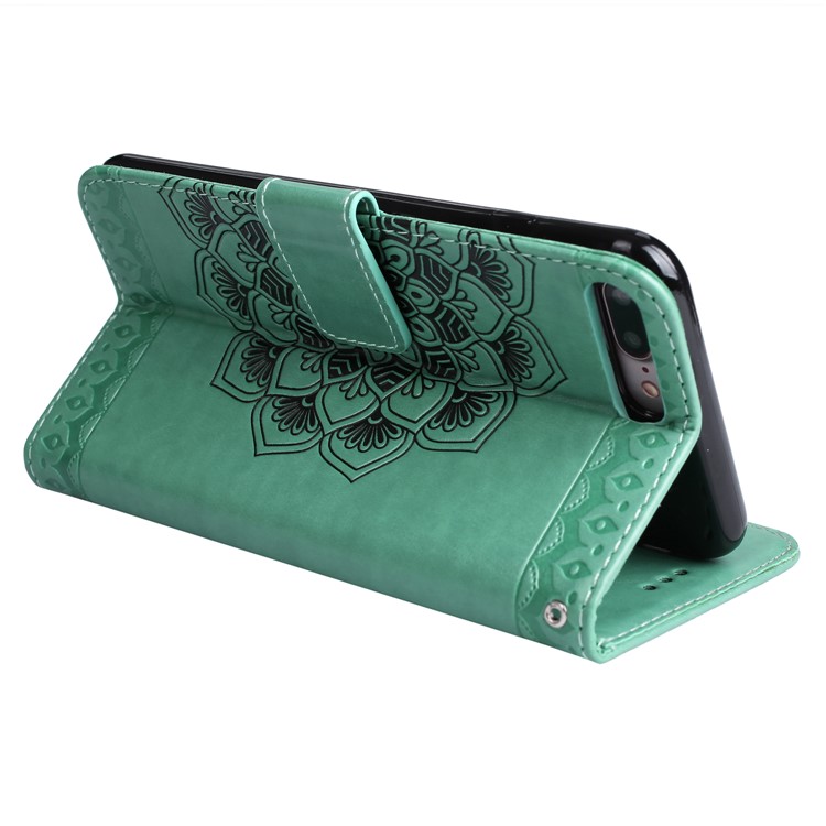 Imprint Henna Lotus Card Holder Leather Protective Case for iPhone 8 Plus / 7 Plus with Lanyard - Green-7