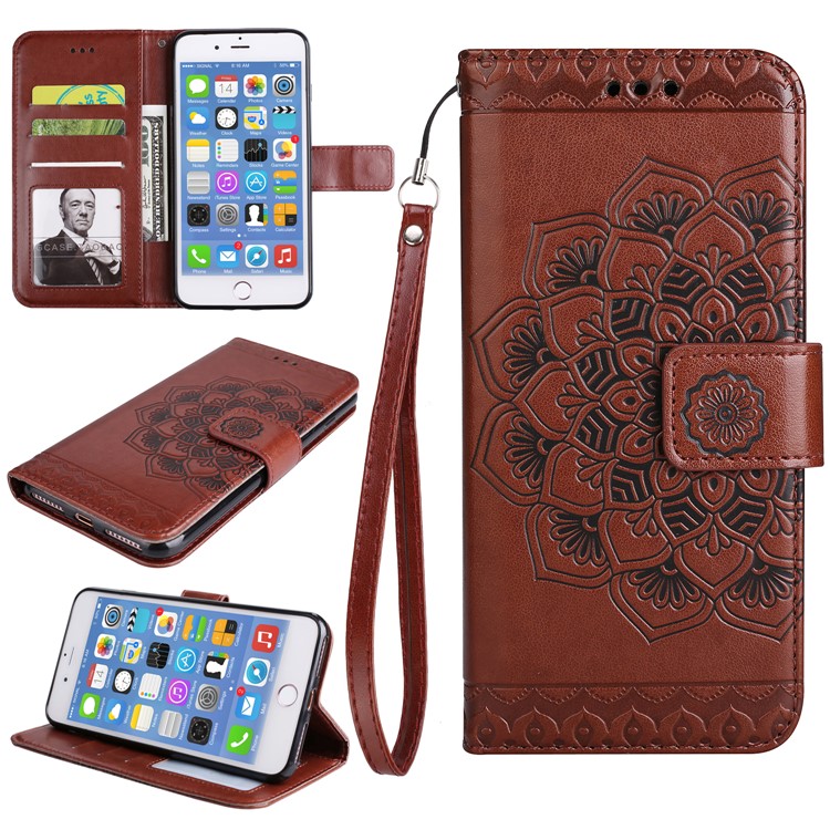 For iPhone 8 Plus / 7 Plus Imprint Henna Lotus Card Slots Leather Case Accessory with Strap - Brown-1