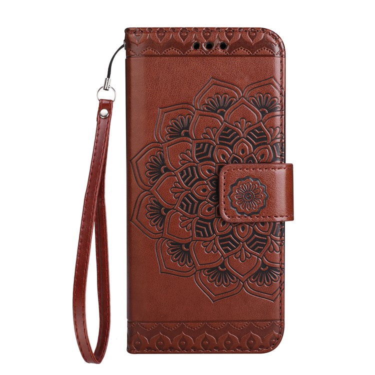 For iPhone 8 Plus / 7 Plus Imprint Henna Lotus Card Slots Leather Case Accessory with Strap - Brown-2