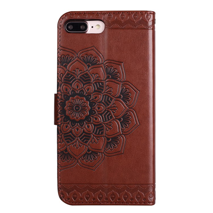 For iPhone 8 Plus / 7 Plus Imprint Henna Lotus Card Slots Leather Case Accessory with Strap - Brown-3