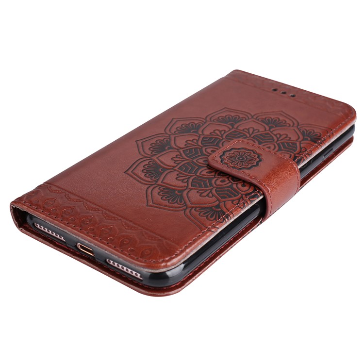 For iPhone 8 Plus / 7 Plus Imprint Henna Lotus Card Slots Leather Case Accessory with Strap - Brown-4