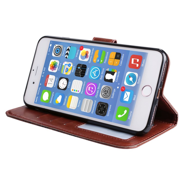 For iPhone 8 Plus / 7 Plus Imprint Henna Lotus Card Slots Leather Case Accessory with Strap - Brown-6