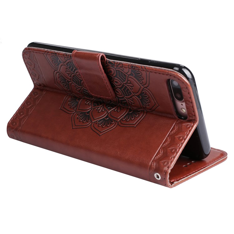 For iPhone 8 Plus / 7 Plus Imprint Henna Lotus Card Slots Leather Case Accessory with Strap - Brown-7