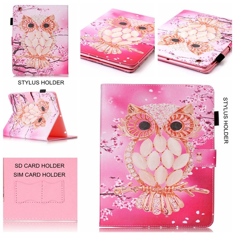 For iPad 9.7 (2017) Patterned Wallet Leather Stand Case with SIM Card / Stylus Pen Holder - Gold Owl-1