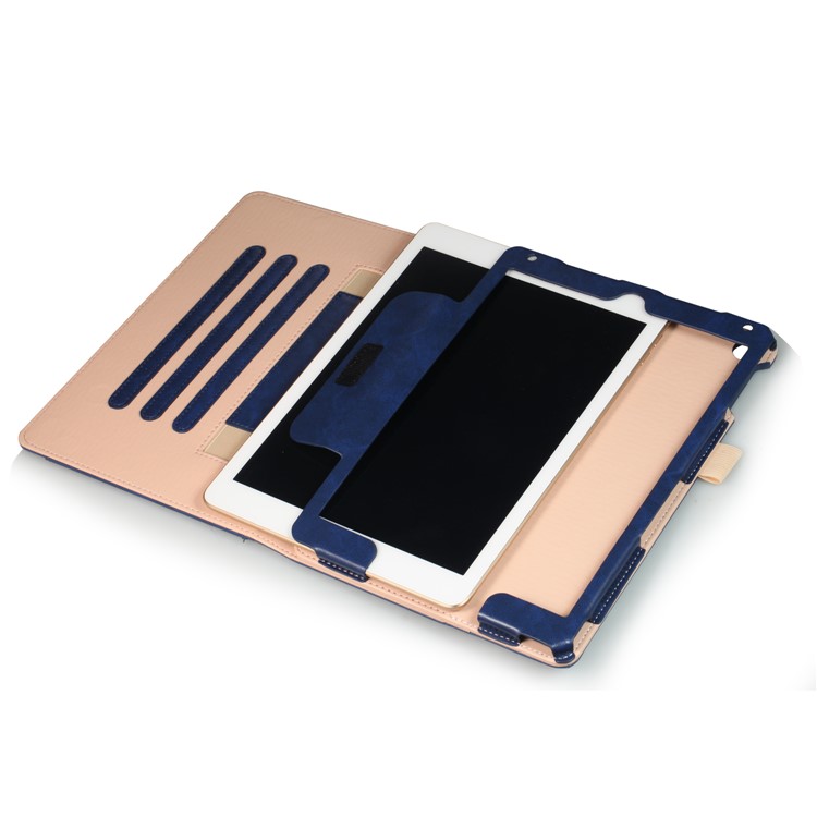 For iPad 9.7 (2017) / Air 2 / Air Auto Wake and Sleep PU Leather Stand Case Cover with Stylus Pen Slot - Dark Blue-11