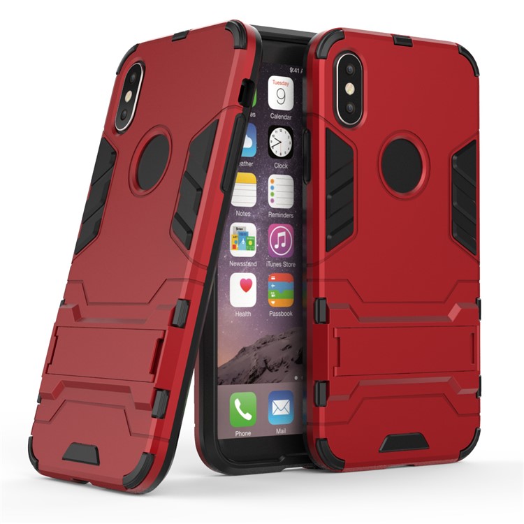 For iPhone X/10 5.8 inch Cool Guard Plastic TPU Back Shell with Kickstand - Red -1