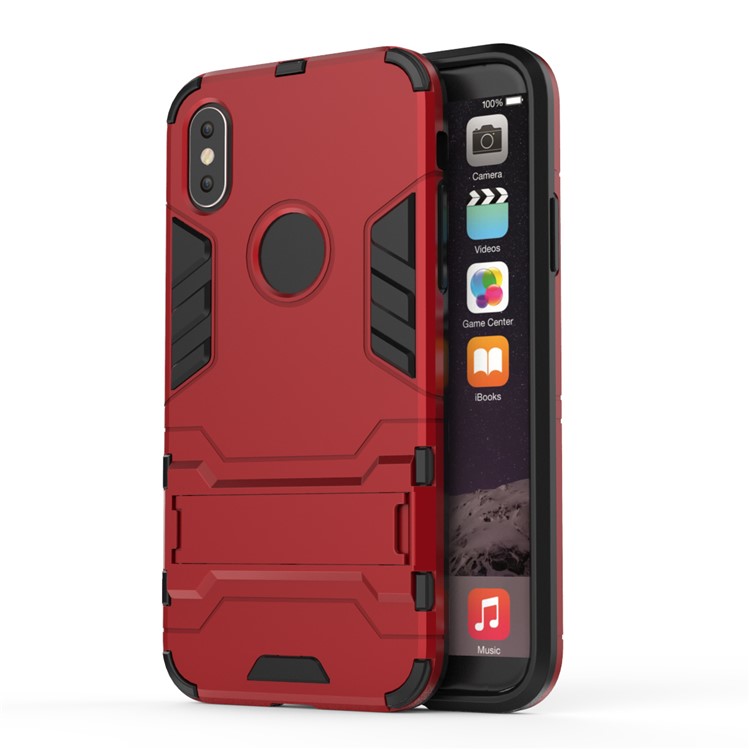 For iPhone X/10 5.8 inch Cool Guard Plastic TPU Back Shell with Kickstand - Red -3