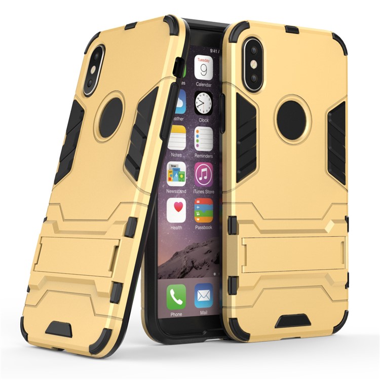 Per iPhone X /10 5.8 inch Custodia in plastica con custodia in plastica rigida TPU con staffa - Oro-1