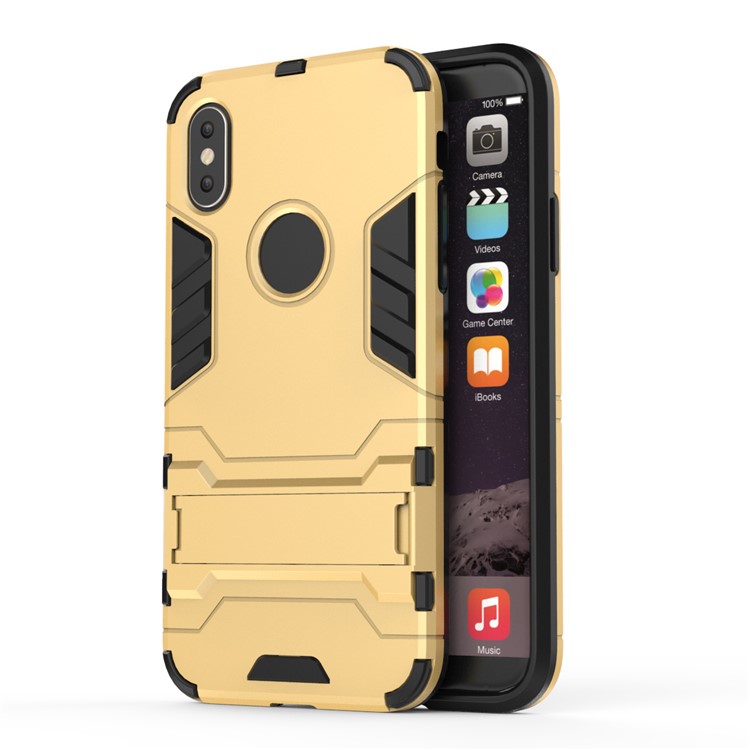 Per iPhone X /10 5.8 inch Custodia in plastica con custodia in plastica rigida TPU con staffa - Oro-3