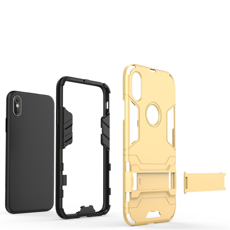 Per iPhone X /10 5.8 inch Custodia in plastica con custodia in plastica rigida TPU con staffa - Oro-11