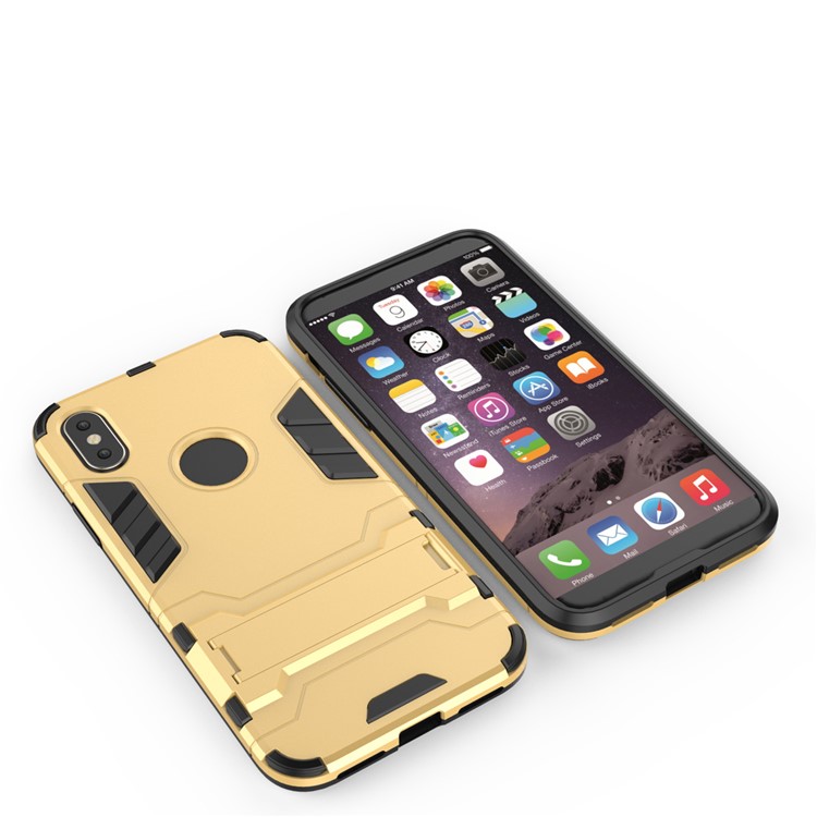 Per iPhone X /10 5.8 inch Custodia in plastica con custodia in plastica rigida TPU con staffa - Oro-13