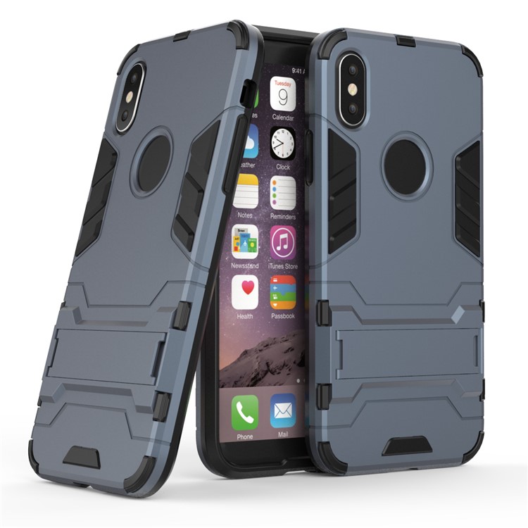 For iPhone X/10 5.8 inch Cool Guard Plastic TPU Back Cover with Kickstand - Dark Blue-1