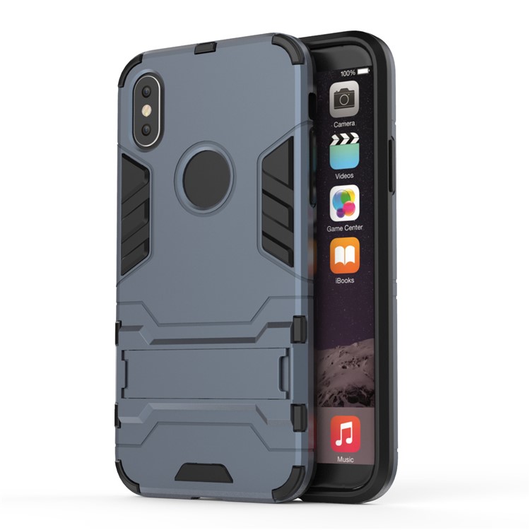 For iPhone X/10 5.8 inch Cool Guard Plastic TPU Back Cover with Kickstand - Dark Blue-3