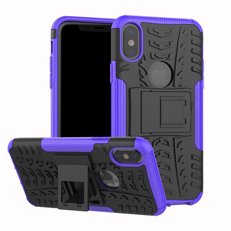 2-in-1 Tyre Pattern Kickstand PC + TPU Hybrid Cellphone Case for iPhone X/XS 5.8 inch - Purple