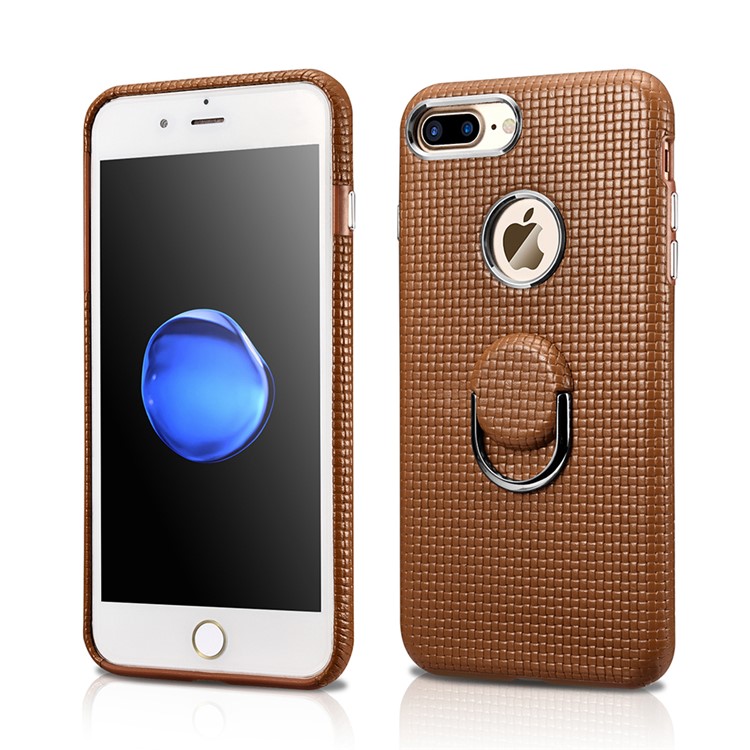 

XOOMZ for iPhone 8 Plus / 7 Plus Woven Pattern Finger Grip 360 Degree Ring Kickstand Genuine Leather Phone Cover - Brown