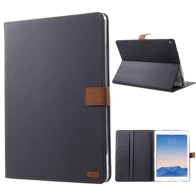 ROAR KOREA Twill Grain Leather Wallet Case for iPad Pro 10.5 (2017) - Black-1