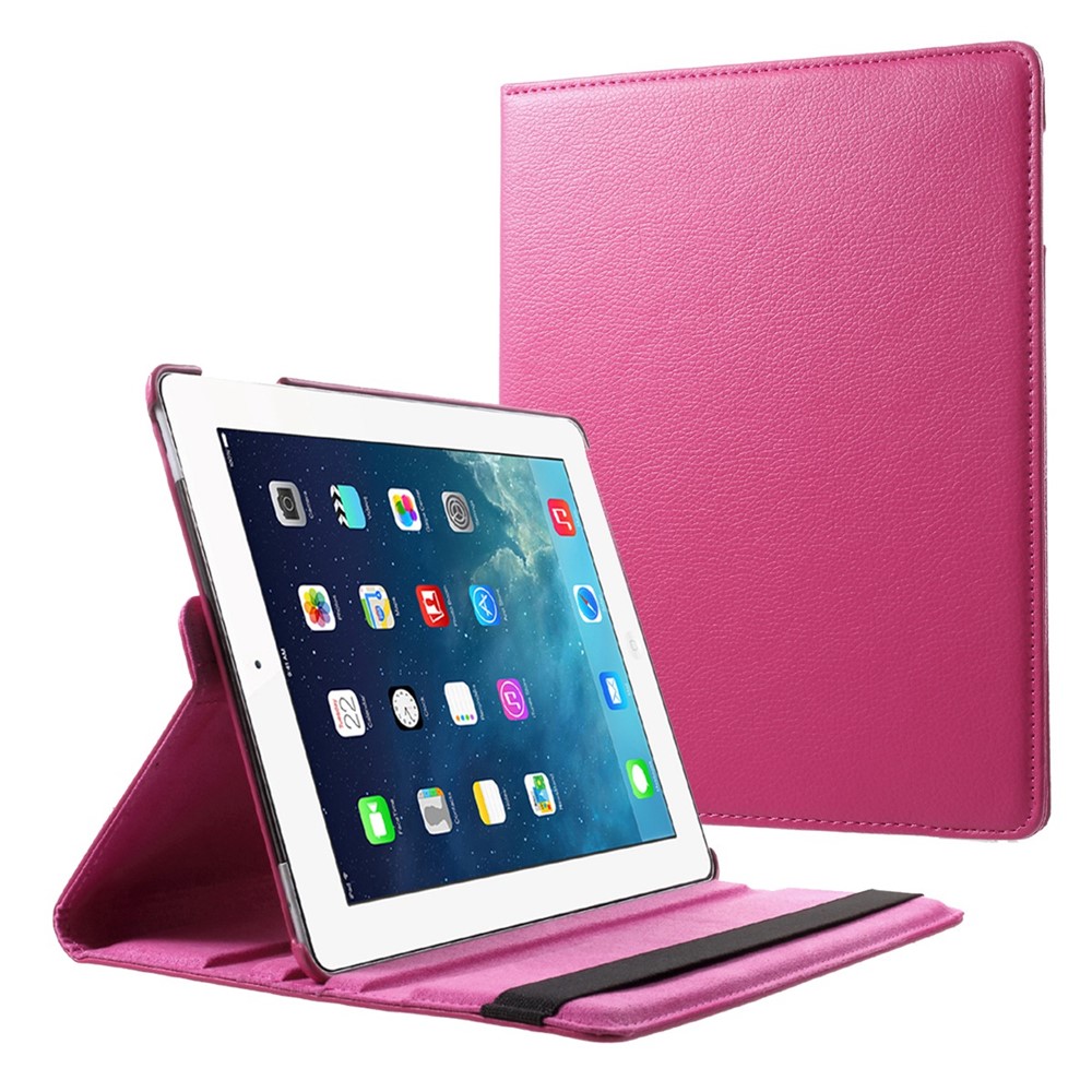 lFor iPad 4/3/2 360 Degree Rotary Stand Flip Leather Tablet Cover with Litchi Grain - Rose-1