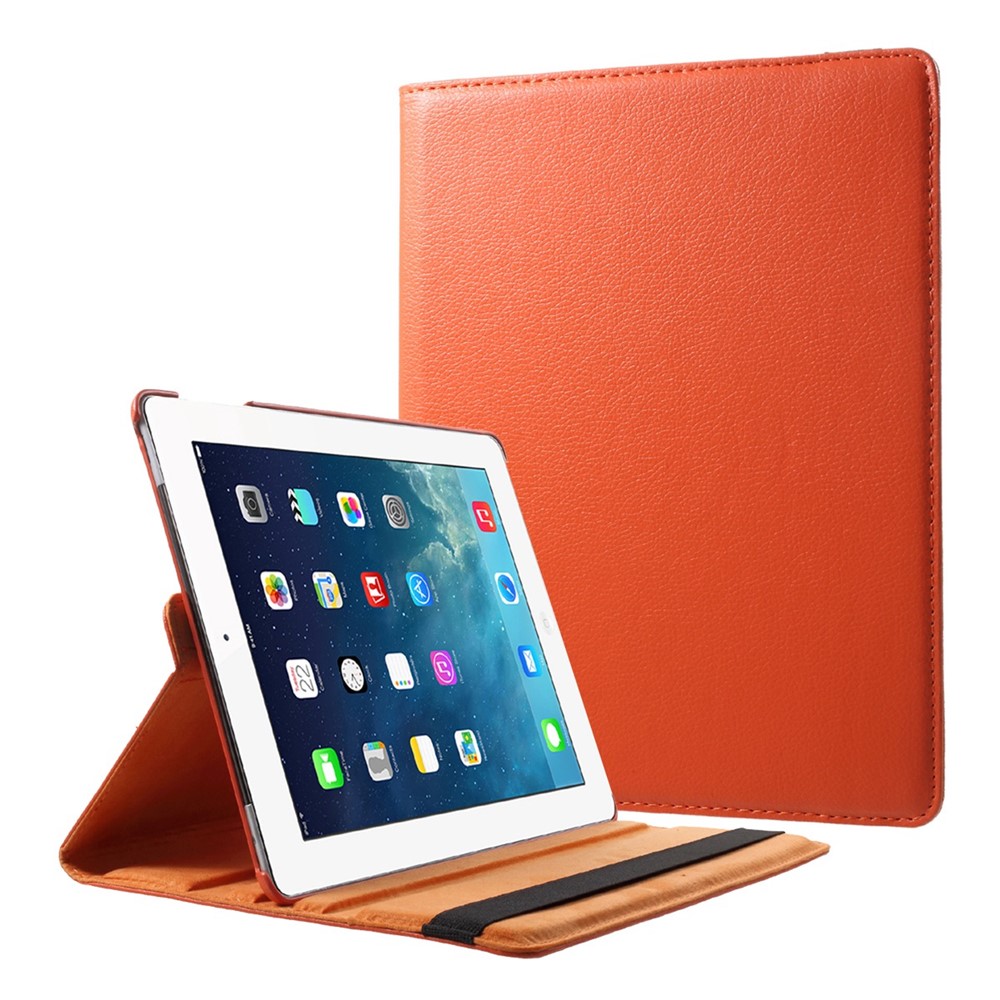 Кожа Личи PU Кожа PU 360 Градусов Ротационная Подставка С Резинкой Для Ipad 4/3/2 - Оранжевый-1