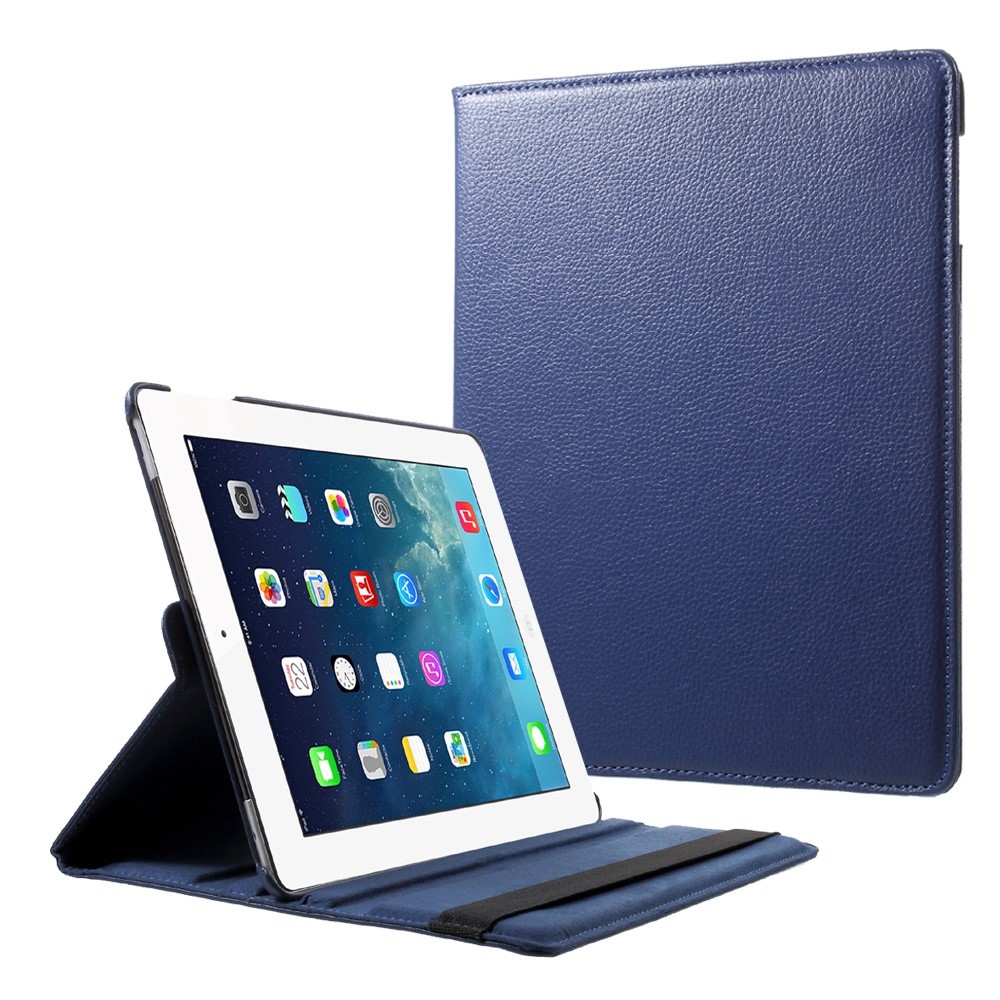 Elastic Band Rotary Stand cuero Flip cubierta con textura lichi para el iPad 4/3/2 - oscuro azul-1