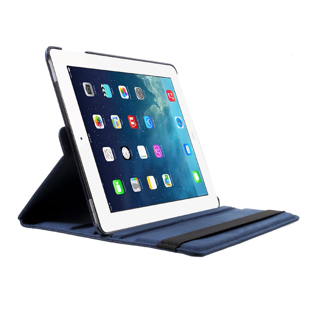 Elastic Band Rotary Stand cuero Flip cubierta con textura lichi para el iPad 4/3/2 - oscuro azul-2