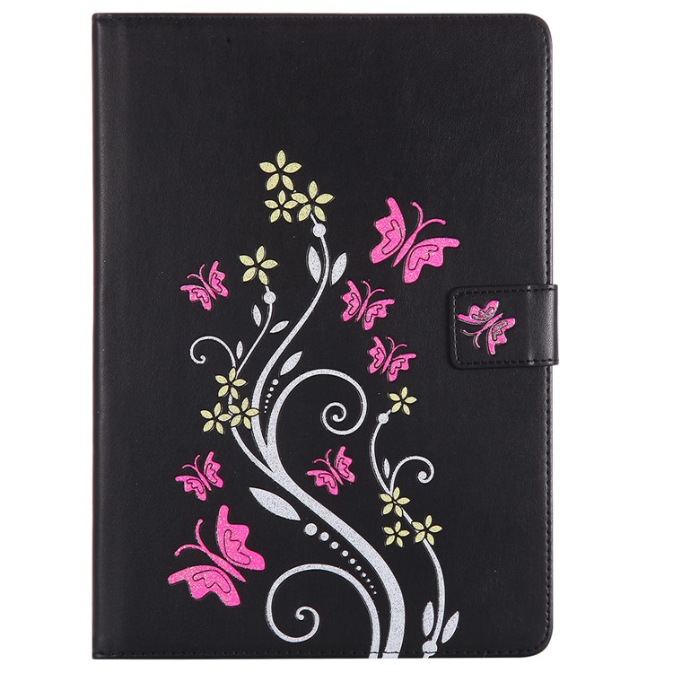 Glitter Imprinted Butterfly Flower Wallet Leather Case with Stand for iPad 9.7 (2017) - Black-1