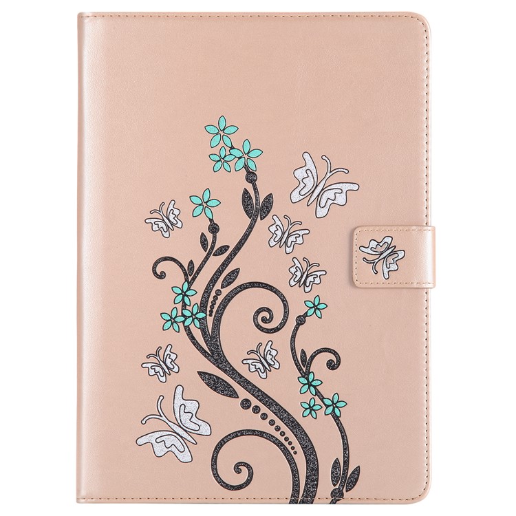 

Glitter Imprinted Butterfly Flower Wallet Leather Cell Phone Cover with Stand for iPad 9.7 (2018) / 9.7 (2017) - Gold
