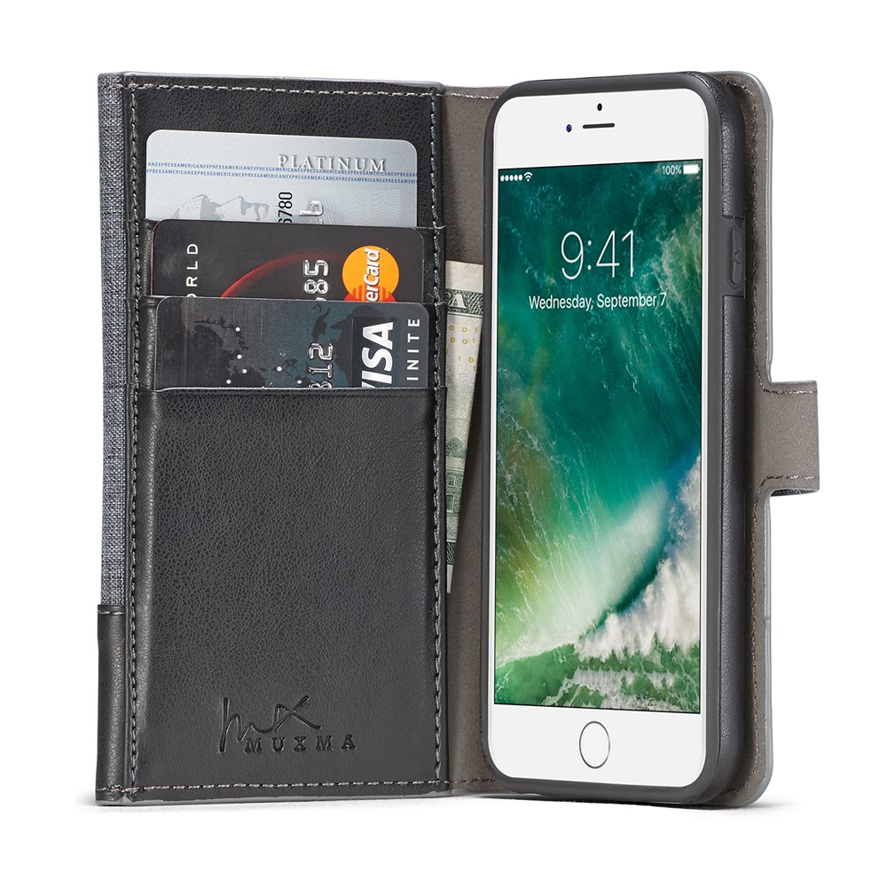 MUXMA Tri-fold Detachable 2-in-1 Wallet Canvas Leather Stand Mobile Phone Case for iPhone 7 - Black-12